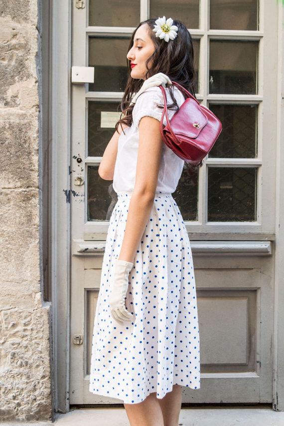 jupe-vintage-1960-ample-à-pois-bleu