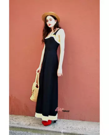 robe longue vintage 1960 noire en lin et rafia blanc