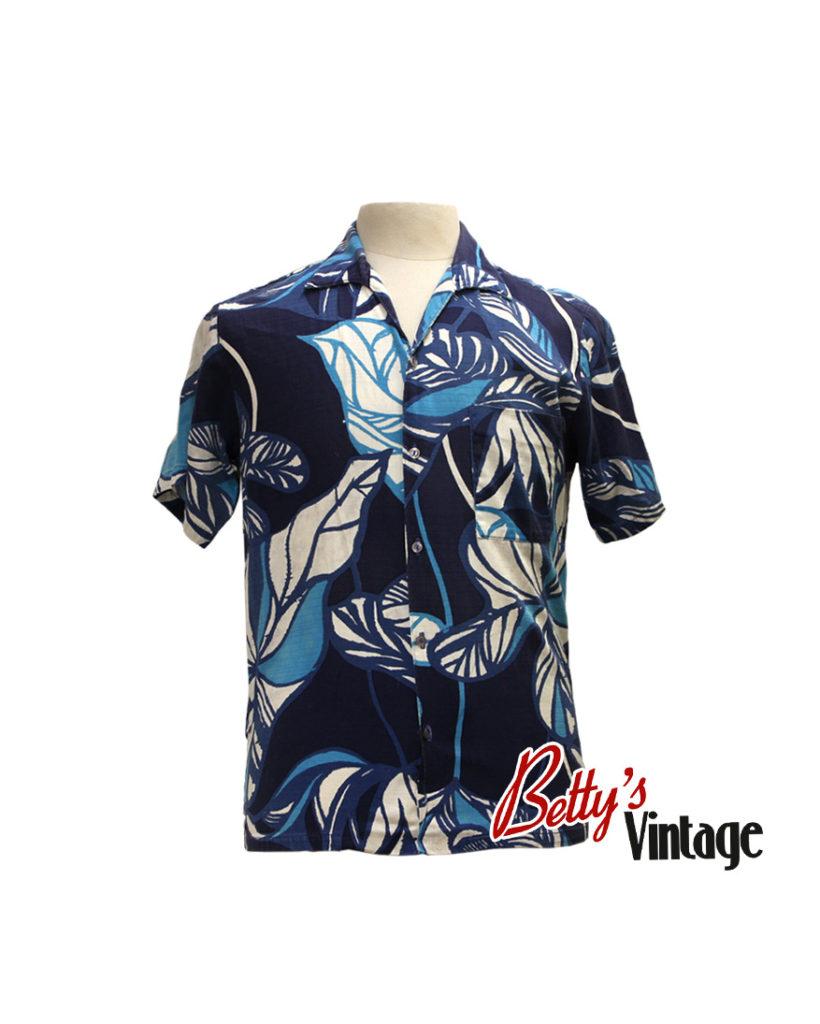 Chemise Hawaïenne Vintage Homme - Motif Poisson Volant Koï Et Vagues Japonaises - Taille M Bleu - Années 40