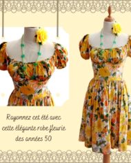 robe-vintage-1950-fleur-orange-decolletté-froncé.1