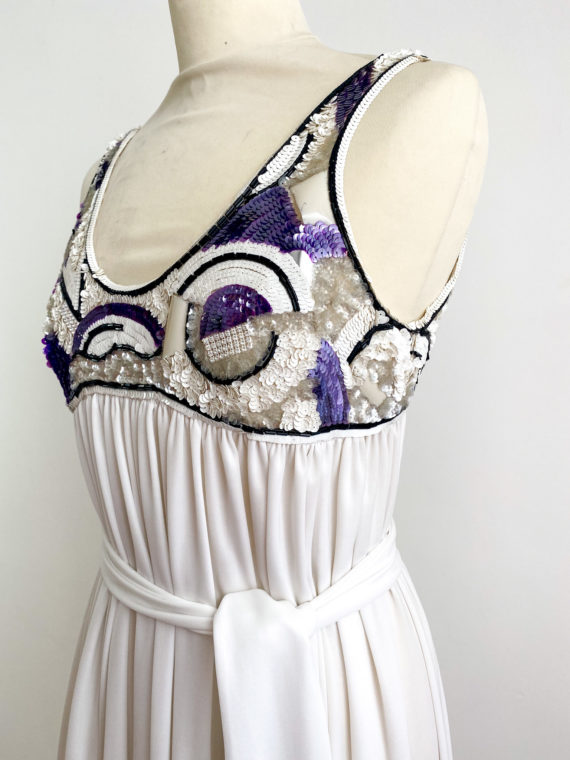 70s vintage white purple sequins formal maxi dress jersey cocktail party (2)