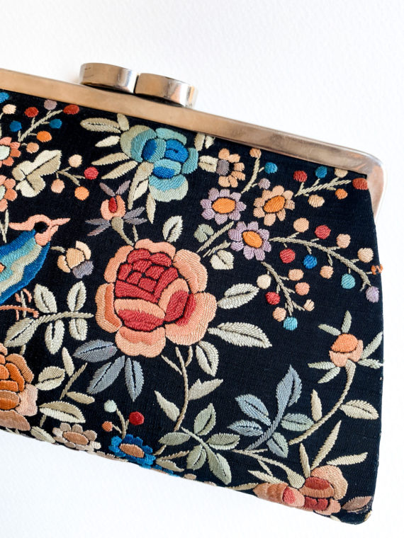 authentic 1920s vintage silk ebroidered clutch black and multicolered floral design (8)