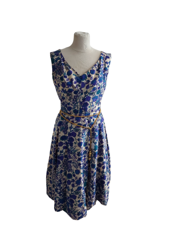 Ensemble vintage 1950 robe boléro bleu en soie fleuri (3)