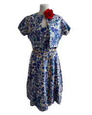 Ensemble vintage 1950 robe boléro bleu en soie fleuri (4)