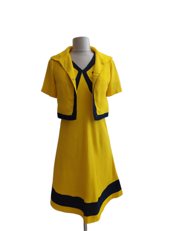 Ensemble vintage Robe boléro 1960 Jaunebleu marine style Courrèges