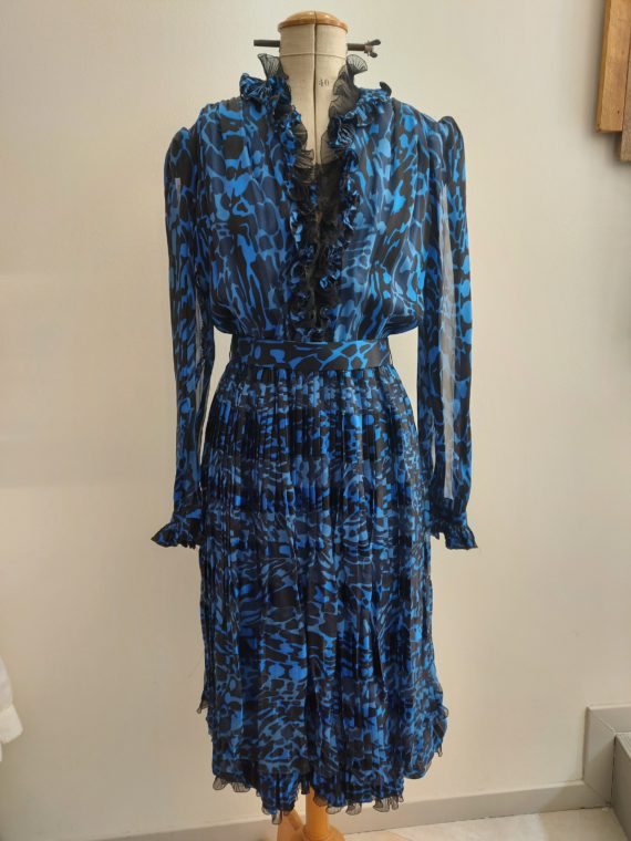 Robe longue 1970 bleu noir soie (2)