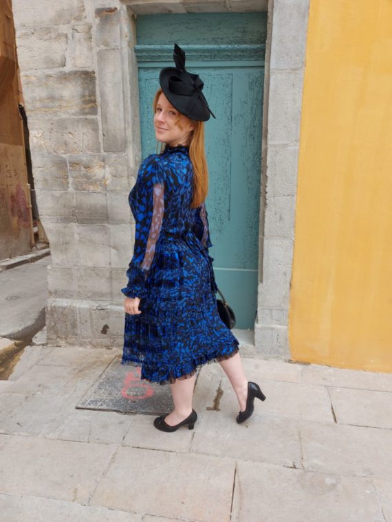 Robe vintage 1980 soie Blaue elecrique noir (21)