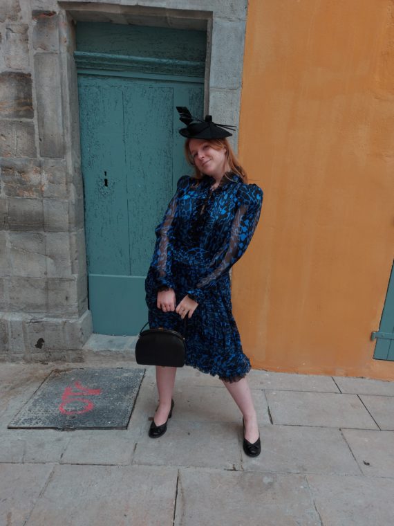 Robe vintage 1980 soie Blaue elecrique noir (22)