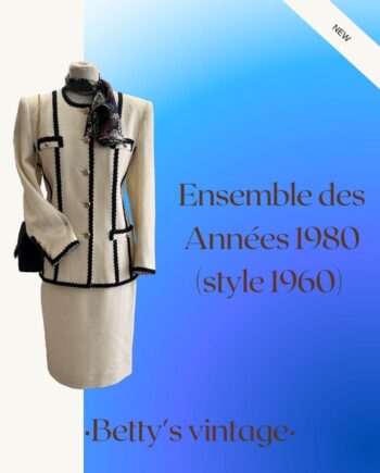 tailleur vintage crème- tailleur vintage crème et bleu- tailleur vintage année 1960- suit- vintage suit - 80's suit- eighties suit- sixty suit- sixties suit- 1960 suit- tailleur vintage- tailleur vintage 1960