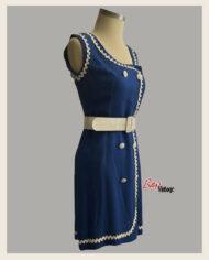 robe vintage 1960 bleu en lin et liseré croquet blanc faite main
